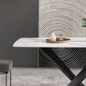 English Elm 70.87"Modern 70.87" Modern Curved White Sintered Stone Dining Table With Stylish Black Metal Legs For 6-8 People W1535S00201