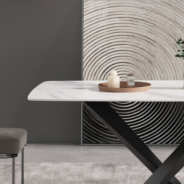 English Elm 70.87"Modern 70.87" Modern Curved White Sintered Stone Dining Table With Stylish Black Metal Legs For 6-8 People W1535S00201