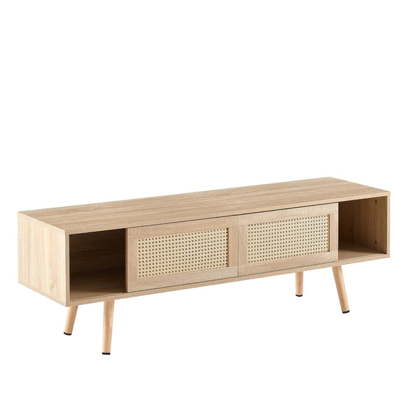 English Elm 55.12" Rattan Sliding Door Tv Console with Solid Wood Legs Natural Bohemian Storage W126573117