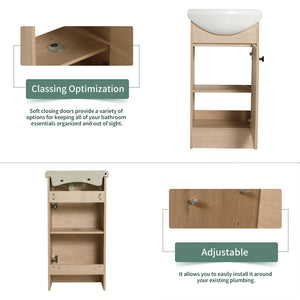 English Elm Freestanding 18 Inch Bathroom Vanity with Oval Ceramic Sink, Light Oak Plywood, Adjustable Shelf, Black Knobs (KD-PACKING) W999S00002