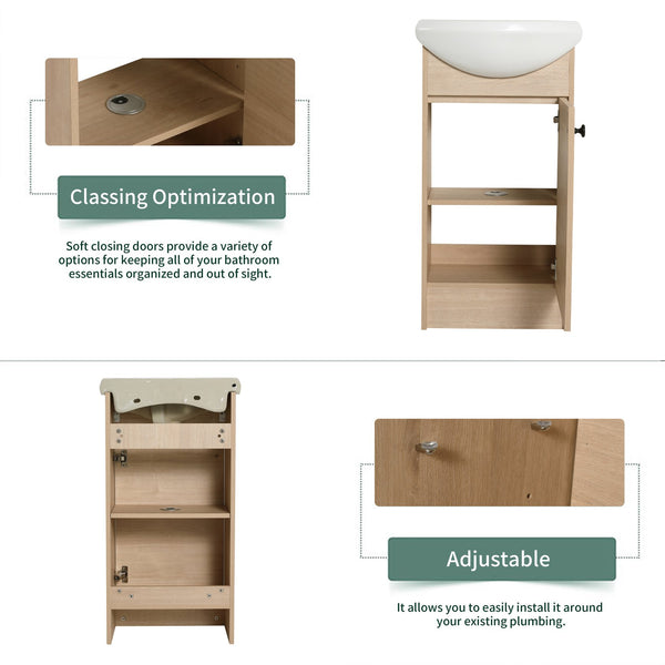 English Elm Freestanding 18 Inch Bathroom Vanity with Oval Ceramic Sink, Light Oak Plywood, Adjustable Shelf, Black Knobs (KD-PACKING) W999S00002