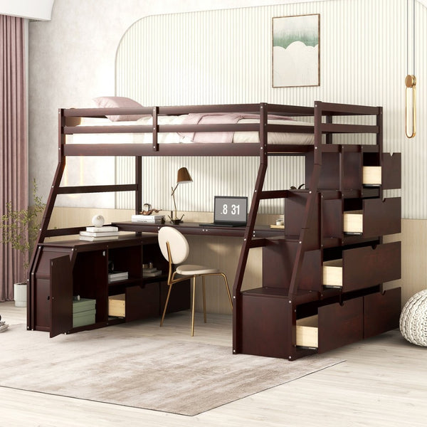 English Elm Twin Loft Bed with 7 Drawer Storage Built-in Desk and Shelves for Kids Rooms LT000639AAP-2