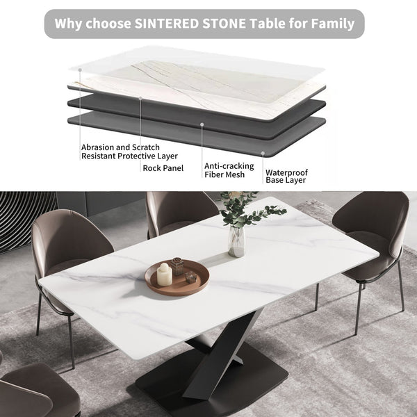 English Elm 70.87" Modern Sintered Stone Dining Table With Black Iron Base - Seats 6-8, Perfect For Entertaining! W1535S00211