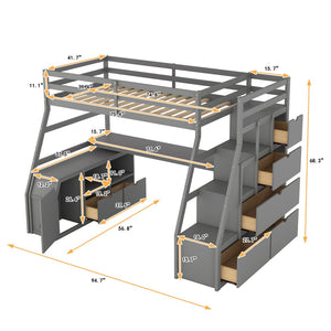 English Elm Twin Loft Bed with 7 Drawer Storage Built-in Desk and Shelves for Kids Rooms Gray LT000639AAE-3