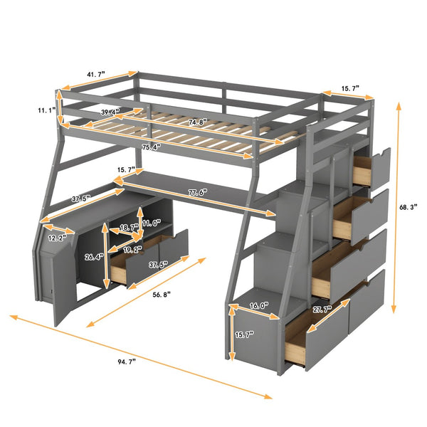 English Elm Twin Loft Bed with 7 Drawer Storage Built-in Desk and Shelves for Kids Rooms Gray LT000639AAE-3