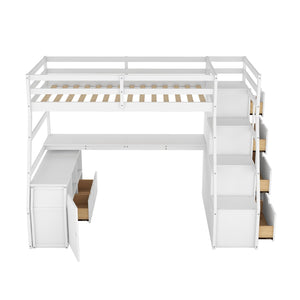 English Elm Twin Loft Bed with 7 Drawer Storage Built-in Desk and Shelves for Kids Rooms White LT000639AAK