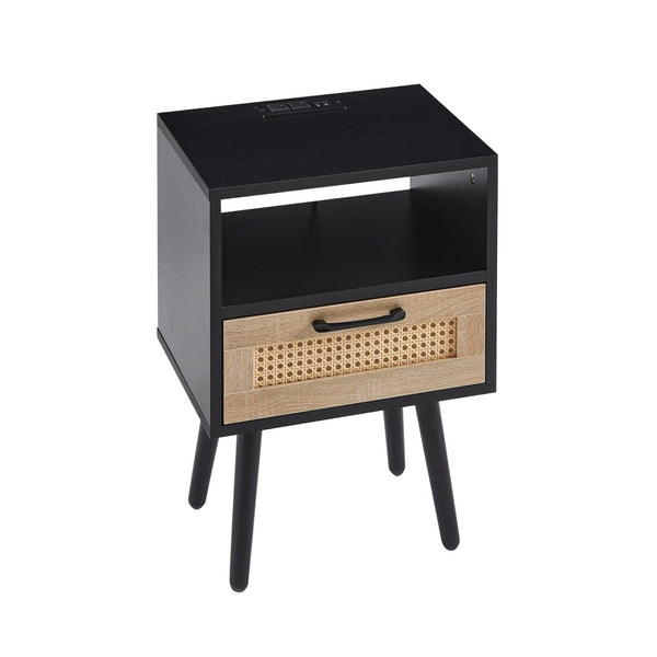 English Elm 15.75" Rattan Weave End Table with Built-in Charging Ports Drawer and Wood Legs W126573111