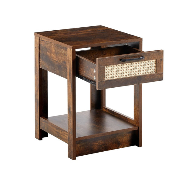 English Elm 15.75" Rattan Weave End Table with Built-in Charging Ports Drawer and Wood Legs W126573109