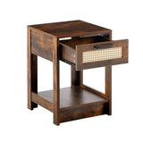 English Elm 15.75" Rattan End Table With Drawer, Modern Nightstand, Side Table For Living Room, Bedroom,Rustic Brown