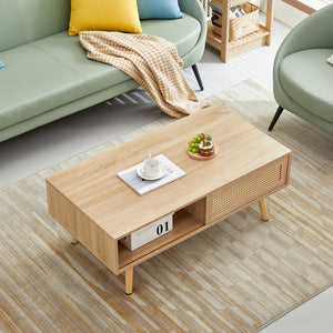 English Elm 41.34" Rattan Coffee Table, Sliding Door For Storage, Solid Wood Legs, Modern Table For Living Room , Natural