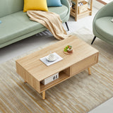 Rattan Coffee Table with Sliding Door Storage & Solid Wood Legs