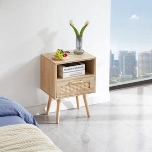 English Elm 15.75" Rattan End Table With Power Outlet & Usb Ports , Modern Nightstand With Drawer and Solid Wood Legs, Side Table For Living Room, Bedroom,Natural