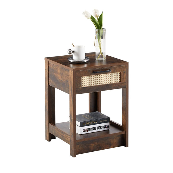 English Elm 15.75" Rattan Weave End Table with Built-in Charging Ports Drawer and Wood Legs W126573109