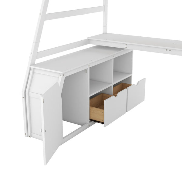 English Elm Twin Loft Bed with 7 Drawer Storage Built-in Desk and Shelves for Kids Rooms White LT000639AAK