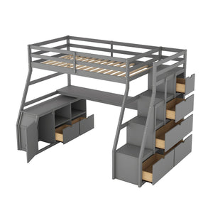 English Elm Twin Loft Bed with 7 Drawer Storage Built-in Desk and Shelves for Kids Rooms Gray LT000639AAE-3