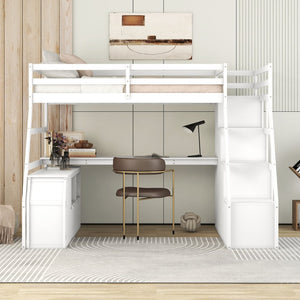 English Elm Twin Loft Bed with 7 Drawer Storage Built-in Desk and Shelves for Kids Rooms White LT000639AAK
