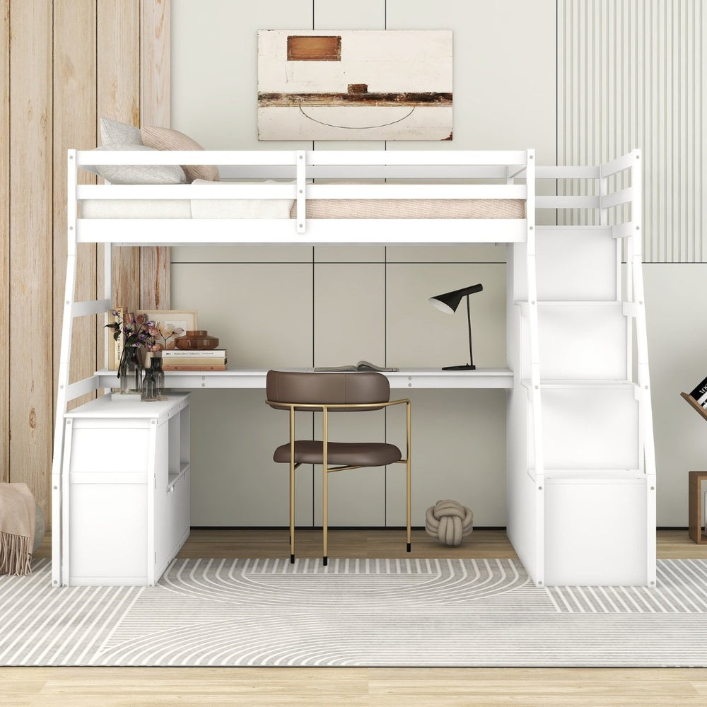 English Elm Twin Loft Bed with 7 Drawer Storage Built-in Desk and Shelves for Kids Rooms White LT000639AAK-3