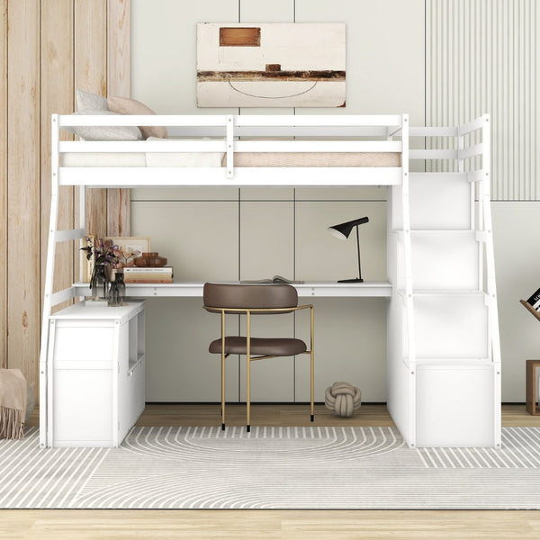 English Elm Twin Loft Bed with 7 Drawer Storage Built-in Desk and Shelves for Kids Rooms White LT000639AAK-3