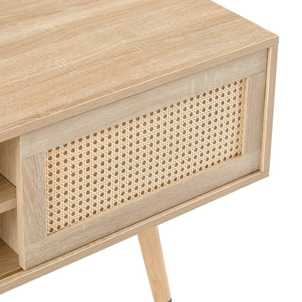 English Elm 55.12" Rattan Sliding Door Tv Console with Solid Wood Legs Natural Bohemian Storage W126573117