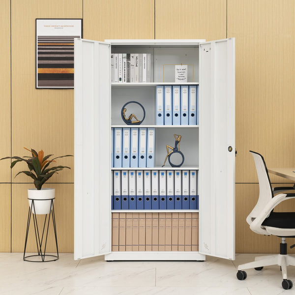 English Elm High Steel Storage Cabinet with Lockable Double Doors, Heavy-Duty Shelves, Quiet Magnetic Closure White W252126641