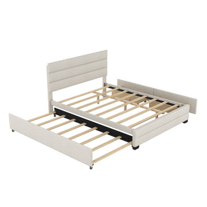 English Elm Queen Linen Upholstered Platform Bed with Trundle Twin Pullout and Storage Drawers GX001313AAA