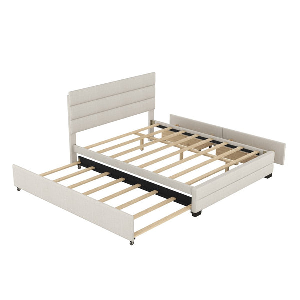 English Elm Queen Linen Upholstered Platform Bed with Trundle Twin Pullout and Storage Drawers GX001313AAA