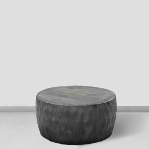 English Elm Val 34 Inch Handcrafted Mango Wood Coffee Table with Hammered Honeycomb Drum Design, Rustic Gray Finish B05691302
