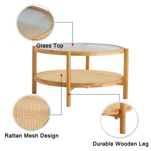 English Elm Modern solid wood circular double-layer tea table with rattan shelf, glass top, Japanese-Chinese style decor W1151104955