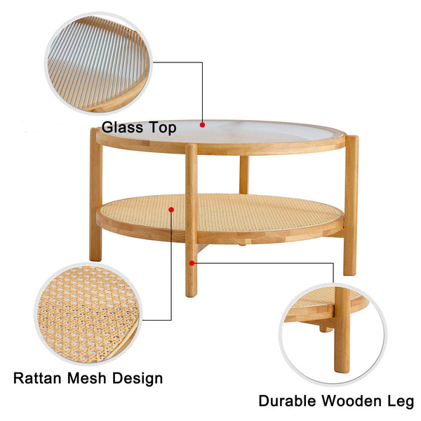 English Elm Modern solid wood circular double-layer tea table with rattan shelf, glass top, Japanese-Chinese style decor W1151104955