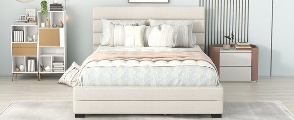 English Elm Queen Linen Upholstered Platform Bed with Trundle Twin Pullout and Storage Drawers GX001313AAA