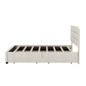 English Elm Queen Linen Upholstered Platform Bed with Trundle Twin Pullout and Storage Drawers GX001313AAA
