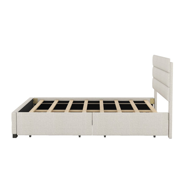 English Elm Queen Linen Upholstered Platform Bed with Trundle Twin Pullout and Storage Drawers GX001313AAA