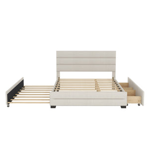 English Elm Queen Linen Upholstered Platform Bed with Trundle Twin Pullout and Storage Drawers GX001313AAA