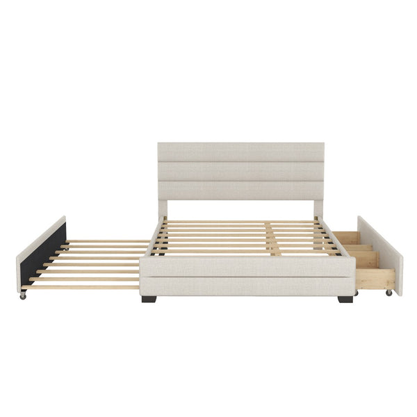 English Elm Queen Linen Upholstered Platform Bed with Trundle Twin Pullout and Storage Drawers GX001313AAA