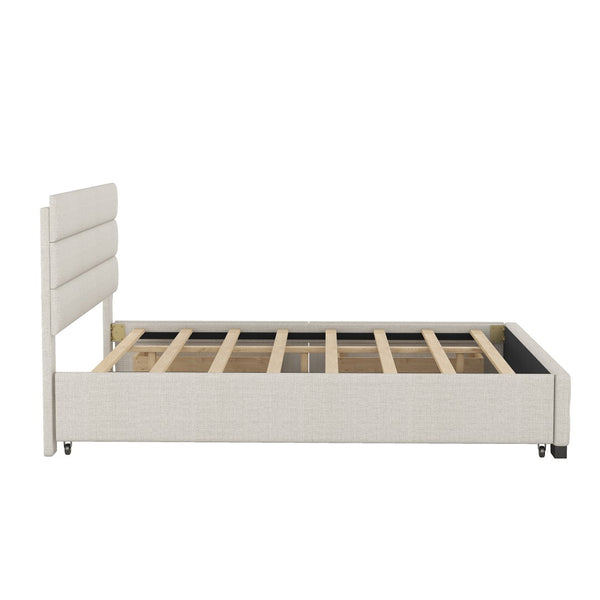 English Elm Queen Linen Upholstered Platform Bed with Trundle Twin Pullout and Storage Drawers GX001313AAA