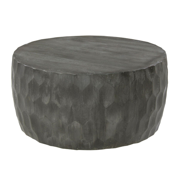 English Elm Val 34 Inch Handcrafted Mango Wood Coffee Table with Hammered Honeycomb Drum Design, Rustic Gray Finish B05691302