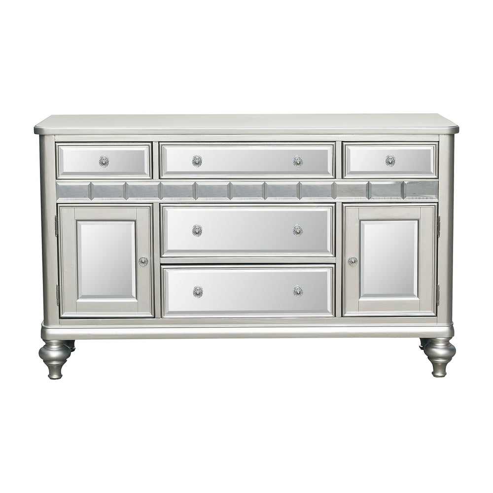 English Elm Sparkling Silver Mirrored Orsina Server with 5 Drawers & 2 Cabinets, Glam Dining Storage 57" x18" B01190822