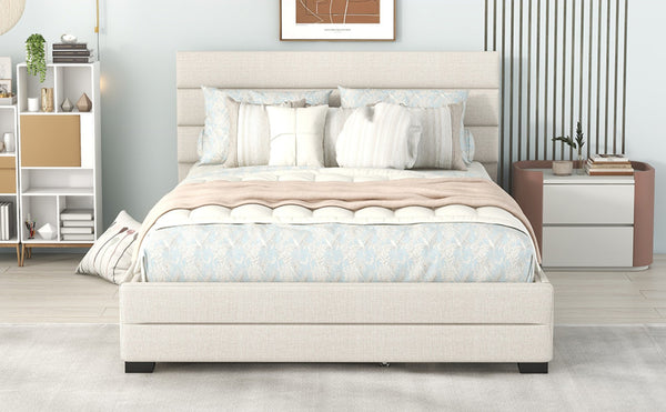 English Elm Queen Linen Upholstered Platform Bed with Trundle Twin Pullout and Storage Drawers GX001313AAA