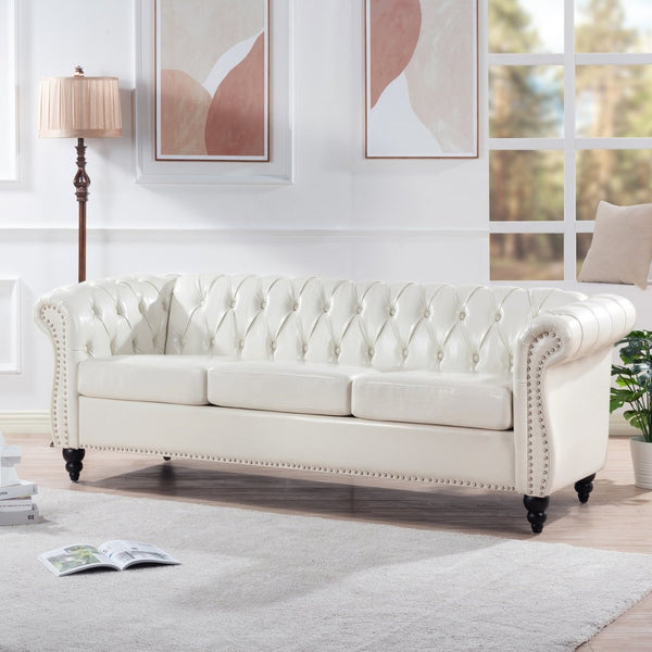 English Elm 84.65" Chesterfield Three Seat Pu Leather Sofa Tufted Frame for Living Room W68061097