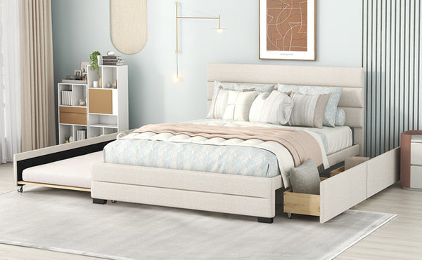 English Elm Queen Linen Upholstered Platform Bed with Trundle Twin Pullout and Storage Drawers GX001313AAA