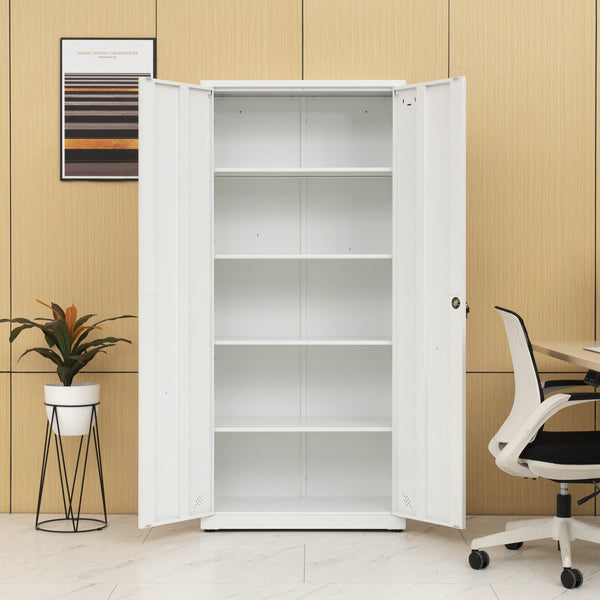 English Elm High Steel Storage Cabinet with Lockable Double Doors, Heavy-Duty Shelves, Quiet Magnetic Closure White W252126641