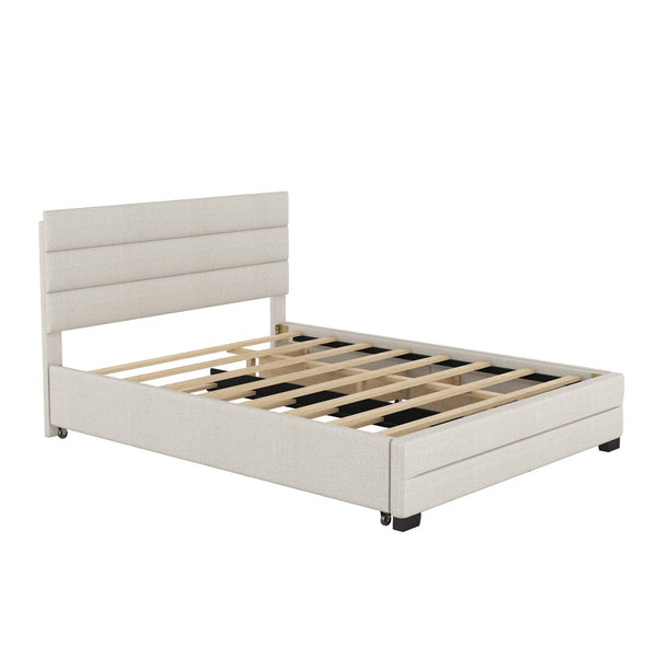 English Elm Queen Linen Upholstered Platform Bed with Trundle Twin Pullout and Storage Drawers GX001313AAA