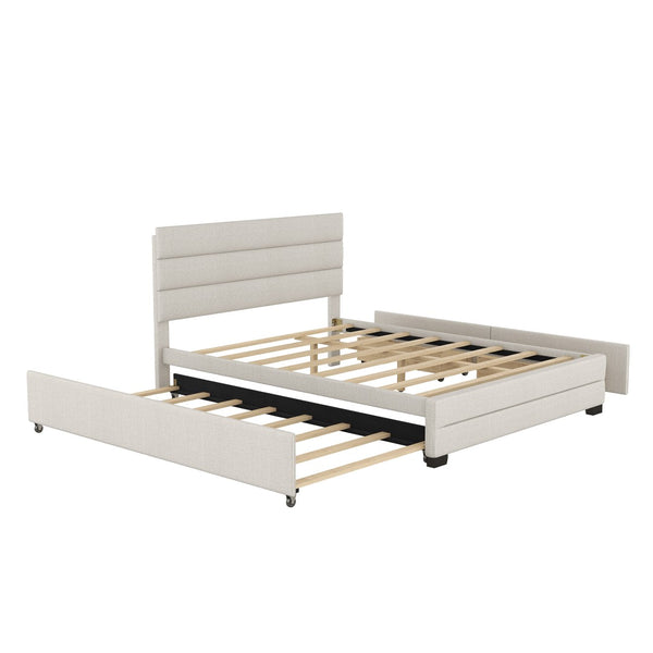 English Elm Queen Linen Upholstered Platform Bed with Trundle Twin Pullout and Storage Drawers GX001313AAA