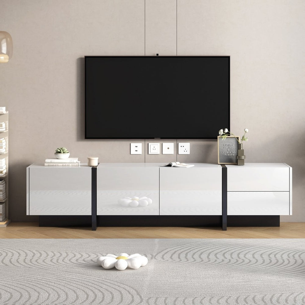 English Elm Glossy White Tv Stand with Black Accents Sleek Modern Console for 80 Inch Screens WF300852AAK