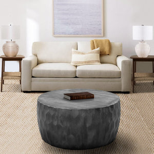 English Elm Val 34 Inch Handcrafted Mango Wood Coffee Table with Hammered Honeycomb Drum Design, Rustic Gray Finish B05691302