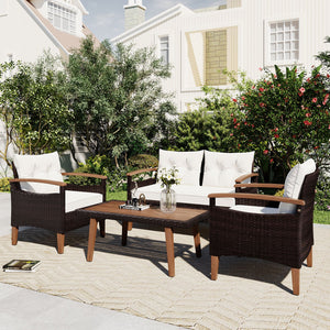 English Elm GO Outdoor Wicker Sofa 4-Piece Patio Set with Solid Wood Arms, UV-Water Resistant Rattan, Cushions FG201222AAA