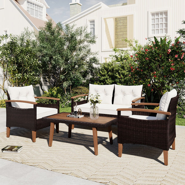 English Elm GO Outdoor Wicker Sofa 4-Piece Patio Set with Solid Wood Arms, UV-Water Resistant Rattan, Cushions FG201222AAA