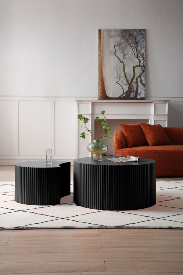 English Elm Black Mdf Nesting Coffee Tables Round and Half Moon Sculptural Relief Living Room Set W876P271183
