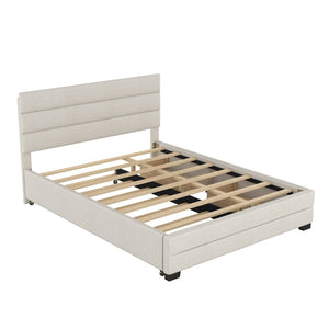 English Elm Queen Linen Upholstered Platform Bed with Trundle Twin Pullout and Storage Drawers GX001313AAA