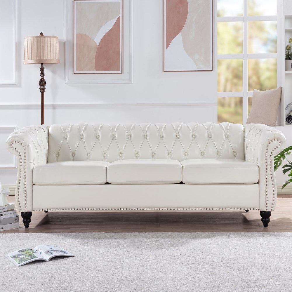 English Elm 84.65" Chesterfield Three Seat Pu Leather Sofa Tufted Frame for Living Room W68061097